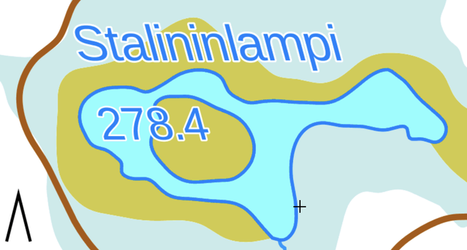 Kuvakaappaus kartasta:
Stalininlampi
278.4 (korkeus merenpinnasta)
pieni lampi jossa lähes rannalta rannalle ulottuva saari.