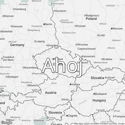 Map of Czech Republic overlaid with a translation of the word "hello": Ahoj.