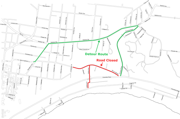 Map of Cincinnati
oads in East Walnut Hills will be closed for that week:

William Howard Taft Road between Torrence Parkway and East McMillan Street Collins Avenue between Riverside Drive and Taft Gladstone Avenue Taft Road Lane Heatherhill Lane
The city recommends drivers and residents use Torrence Parkway, Madison Road and Woodburn Avenue as a detour.