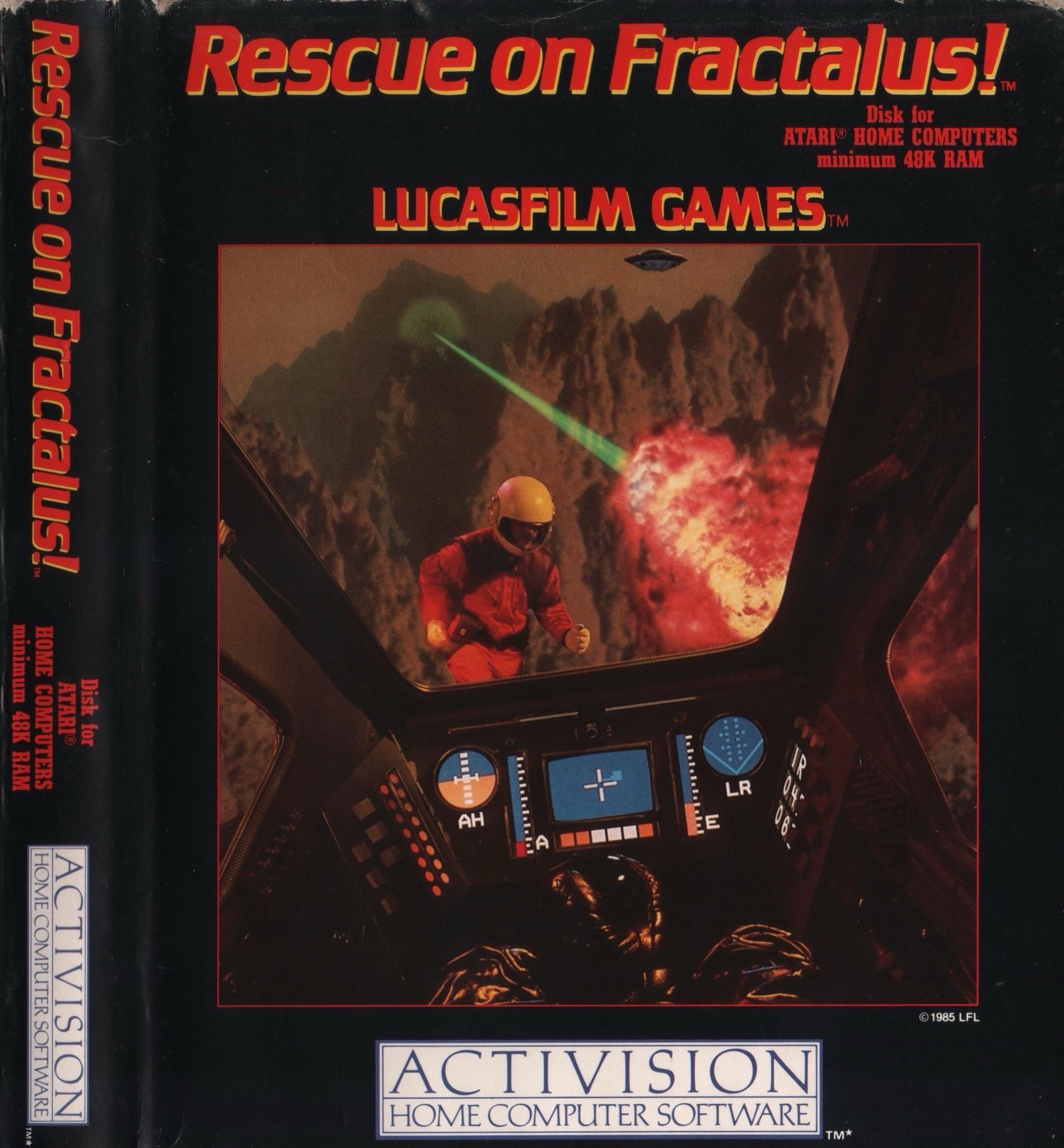 The image features the cover art for the video game "Rescue on Fractalus!" It depicts a cockpit view with a space pilot in a red suit visible through the windshield. The background shows dramatic rocky terrain and colorful explosions.