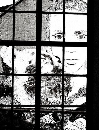 Fresque représentant un visage de jeune fille en noir et blanc