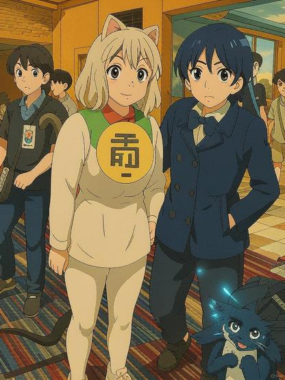 Turbogranny cosplay rendered as anime art by Grok Ai.  Manekineko form.