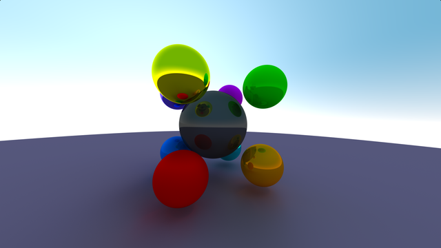 A raytraced computer graphics scene. The scene contains eight colorful glossy and plastic-like spheres, arranged around a ninth sightly bigger dark sphere. Four of the colorful spheres are touching a gray ground, the other four are flying, like the dark sphere. There is also a light/blue sky.