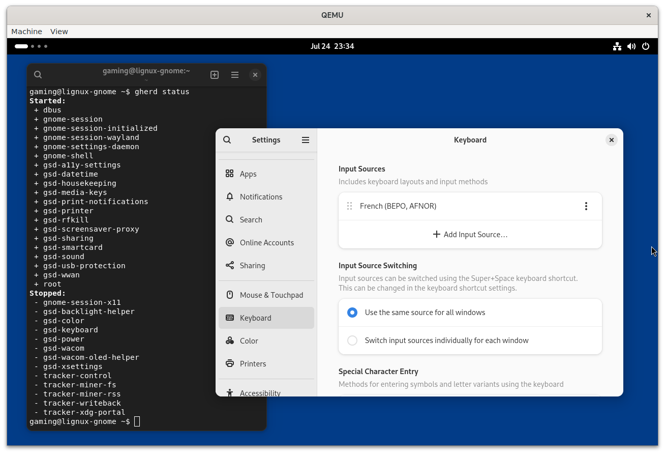A GNOME session in QEMU with two open windows. A settings window shows the keyboard layout set to BEPO. A terminal window shows the output of the ”gherd status” command: ”Started: dbus gnome session gnome session initialized … Stopped: gnome session x11 gsd backlight helper …”