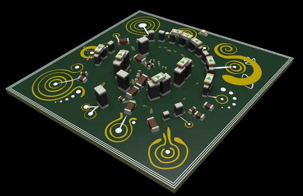 Diamond shaped green PCB
The components are arranged in exactly the same way as the sarsen stones of stonehenge.
The 'free' space of the PCB is filled with artwork resembling the neolithic symbols found in stonenhenge