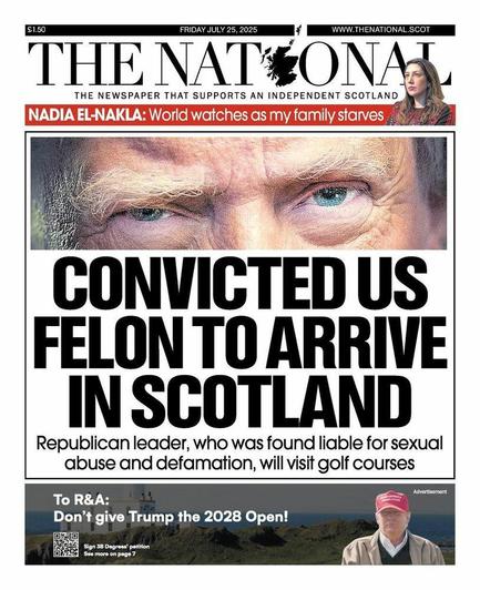CONVICTED US FELON TO ARRIVE IN SCOTLAND
Republicans leader, who was found liable for sexual abuse and defamation, will visit golf courses