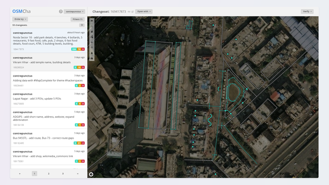 Screenshot of OSMCha.org showing a list of my recent changesets to the left, and visualizing some of the changes made in my changeset to the right, overlaid on satellite imagery of the market.

These changes are in the main market area. 12 blue points in different places mark the restaurants and eateries I added.

In the middle is a triangular park, in which I added park paths and entrances. To the west of the park is the pedestrian street, with 4 rows of bollards and a large semicircular bench, the largest of the many stone benches on this street. I mapped three more semicircular benches near the middle of the street.

On the left side of the map is a large building and a building part I added. And towards the top you can see a little police office building.