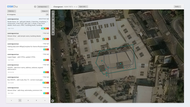 Screenshot of OSMCha.org showing a list of my recent changesets to the left, and visualizing some of the changes made in my changeset to the right, overlaid on satellite imagery of a mall building - the DLF Mall of India.

Within the mall I've added a food court outline, and within the food court I've added and updated some fast food places.