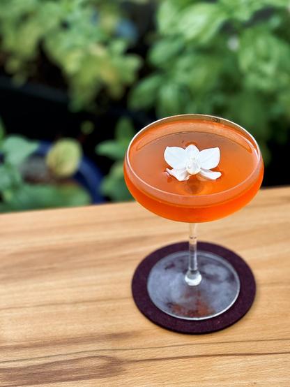bright orange cocktail with white orchid garnish floating in the middle of a coupe glass sitting on a purple felt coaster on a wooden table with plants in the background