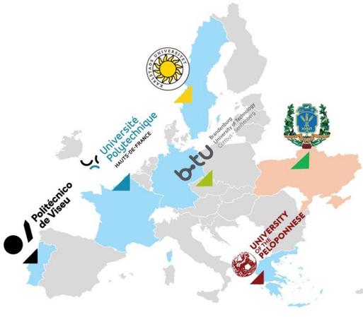 Map of Europe including acronyms of six European universities in Germany, France, Greece, Ukraine, Sweden, and Portugal.