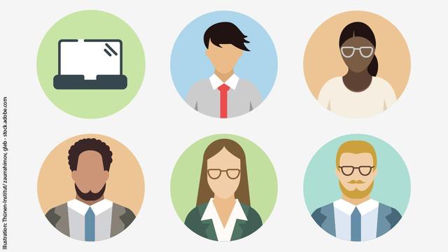 Illustration mit fünf Menschen verschiedenen Geschlechts und verschiedener Hautfarbe stilistisch dargestellt auf grünem Hintergrund. Links oben in der Ecke ist die Grafik von einem Notebook.