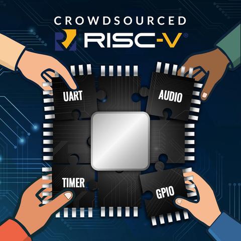 A processor package, but instead of a single square, it is divided into 9 puzzle pieces that are almost put together. The central piece is a heat spreader pad, and the corners are being brought in by 4 differently colored hands.

The corners have labels on them - UART, audio, timer, GPIO