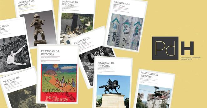 Illustrative image of the news item. It consists mostly of a photo collage of covers of the latest issues of the journal Práticas da História plus its logo.