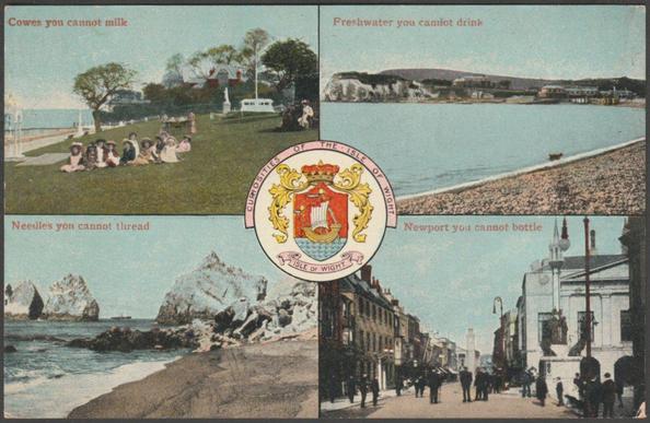 Printed colour multiview postcard showing four views of the Isle of Wight and with the arms of the county to the centre. Views shown are Cowes you cannot milk, Freshwater you cannot drink, Newport you cannot bottle and Needles you cannot thread.

Published by W.J. Nigh, Ventnor, Novelty Series, not numbered, c.1910.

Postally unused, but with lengthy message.

Very good condition, with minimal corner bumps, but slight bump to bottom right corner.