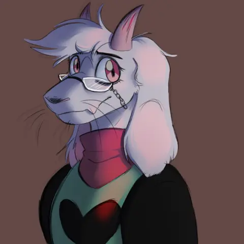 A portrait of Ralsei from Deltarune. He's looking to the camera with a smile on his face - quietly hopeful. Red lighting, blue shadows.