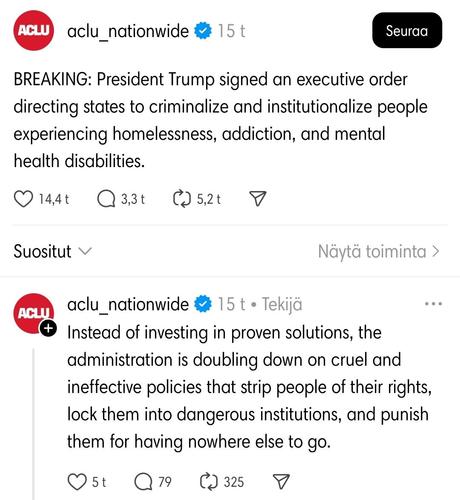 aclu_nationwide on Threads:

BREAKING: President Trump signed an executive order directing states to criminalize and institutionalize people experiencing homelessness, addiction, and mental health disabilities. Instead of investing in proven solutions, the administration is doubling down on cruel and ineffective policies that strip people of their rights, lock them into dangerous institutions, and punish them for having nowhere else to go.