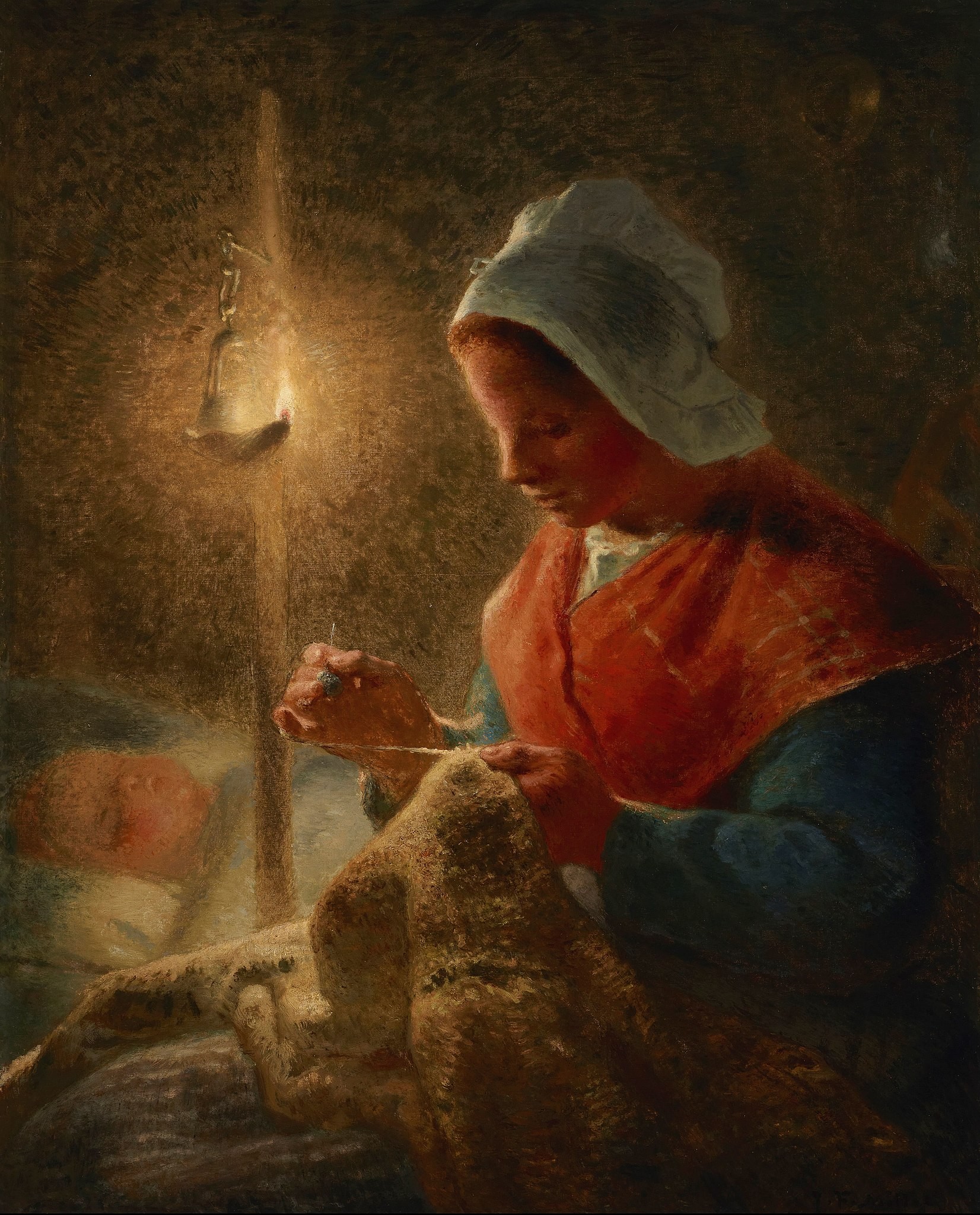 In a dark room, a woman sits sewing, illuminated by a single light. She wears a white cap and appears to be repairing a blanket.