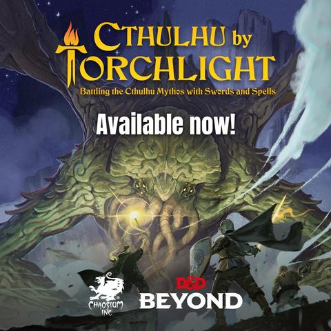 The cover for “Cthulhu by Torchlight,” Chaosium’s third-party Cthulhu Mythos supplement for D&D 5e. Three generic dungeon fantasy heroes face off against the Big C himself.