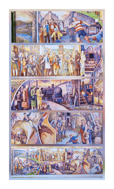 This is a detailed, colorful mural featuring seven panels depicting historical scenes related to Peebles in Scotland. The panels are varied and show people in Victorian attire, a steam train, sports, children playing, and a bustling market etc. The artwork has a painterly style with vibrant hues and lots of intricate details.