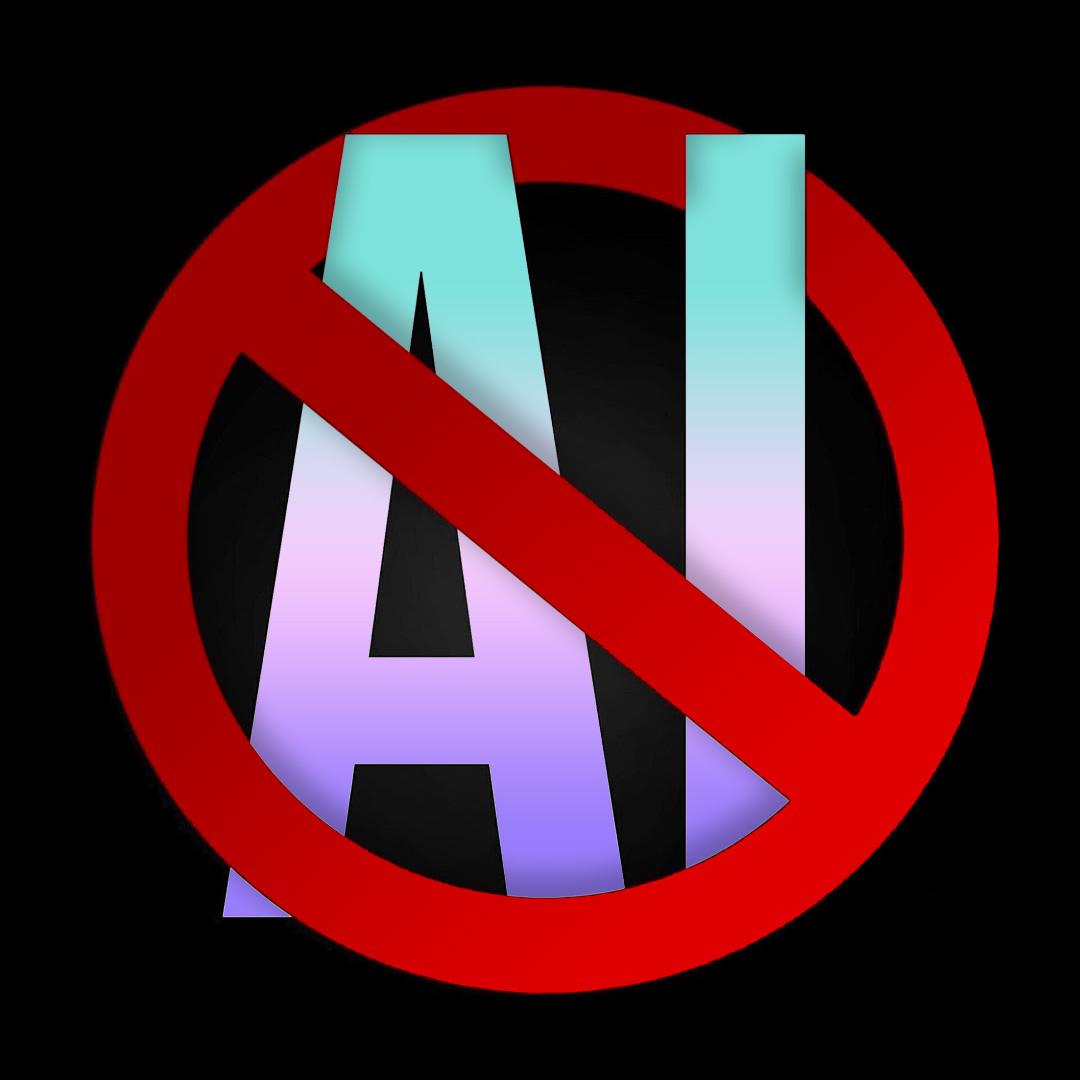 Red prohibition symbol over pastel-coloured letters AI on a black background.