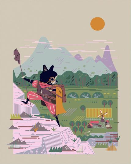 2021 full color fantasy pet memorial portrait

a finely dressed stout french bull dog ascends a mountain in the foreground, looking back at a small village as he climbs.