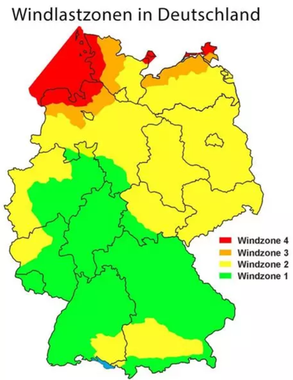 Deutschland, in Windlastzonen eingeteilt.
