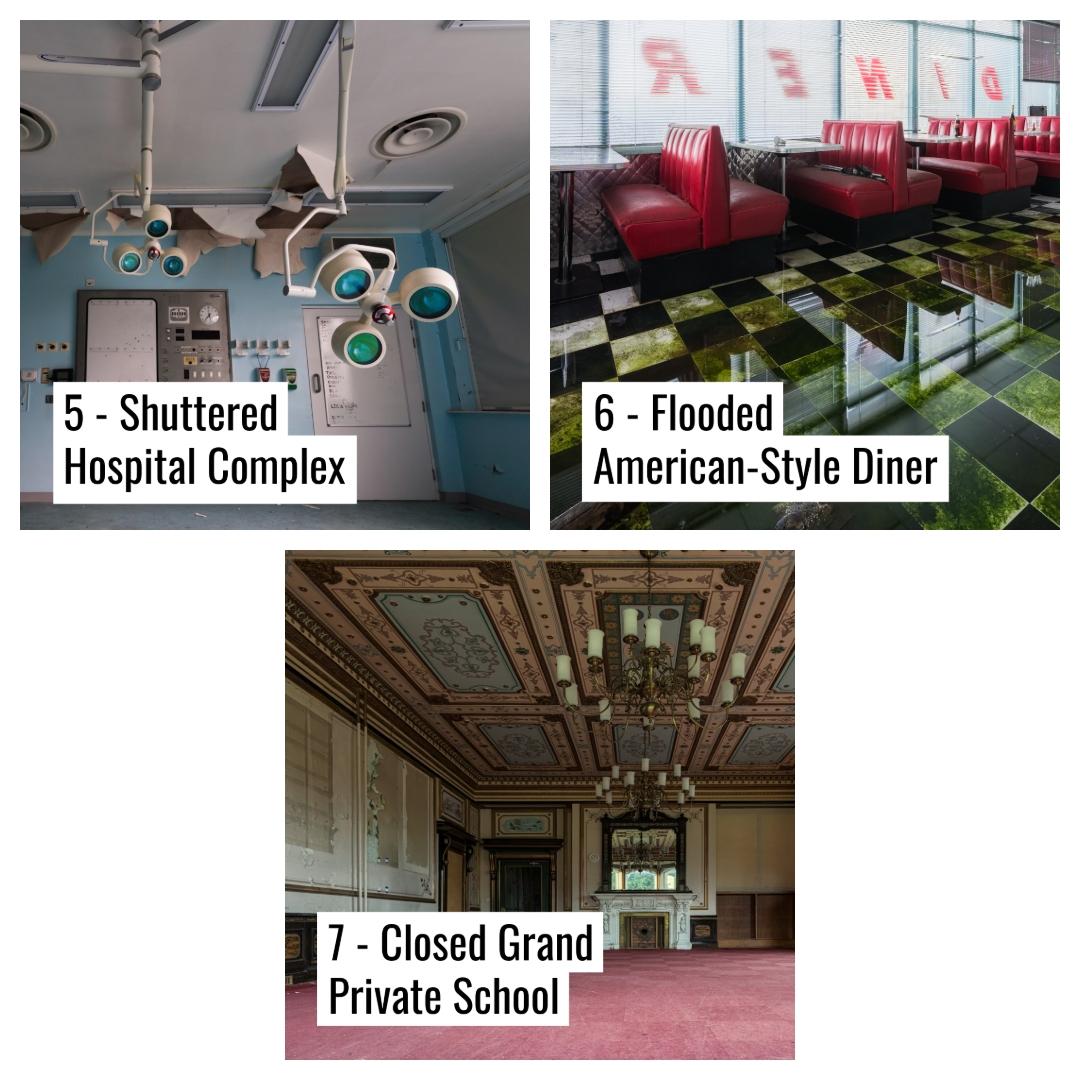 old hospital operation theater, flooded American diner, old grand school hall