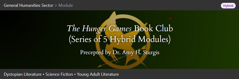Pictured is the banner for The Hunger Games Book Club from Signum University. The artwork depicts a Mockingjay pin.