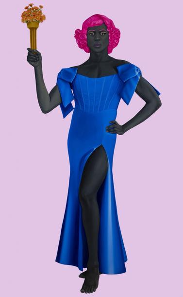 A figure with dark skin and bright pink hair poses confidently, wearing a vibrant blue gown with a high slit and balloon sleeves. She holds a bouquet of flowers (resembling the Statue of Liberty’s torch) in one hand, set against a pastel pink background.