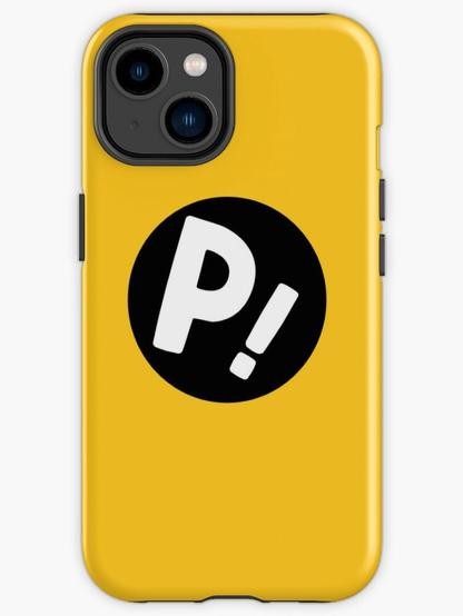 An iPhone case featuring a prominent 'P!' in a circle.