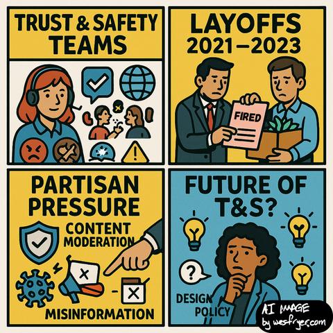 Four-panel comic:
1. Trust & Safety Teams – Woman with headset monitors harmful content online.
2. Layoffs 2021–2023 – Man receives layoff notice, symbolizing industry cuts.
3. Partisan Pressure – Hand points at content moderation icons amid COVID and election misinformation.
4. Future of T&S? – Researcher thinks, surrounded by lightbulbs and words: Design, Policy, Research.