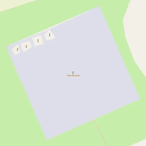 Screenshot of an OpenStreetMap map centered at the Zeitpyramide (Time Pyramid) in Germany showing the current 4 concrete blocks mapped but looking like misshapen quadrilaterals instead of the expected squares.
