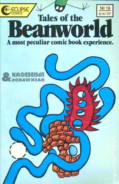 A cover of Larry Marder's comic book "Tales of the Beanworld" issue number 19, published by Eclipse comics in 1991. 
At the top you can see Heyoka, the bean who does everything upside-down and backwards bean, flying  through a constellation of shapes reminiscent of the Fantastic Four. It's hard to describe the way this arrangement hovers between abstract and figurative, using basic geometrical shapes that correspond to the way the Fantastic Four have been portrayed in the comics by artist and co-creator Jack Kirby. If you know the comics, though, certain colors and textures  form an unequivocal portrayal of these comic characters.