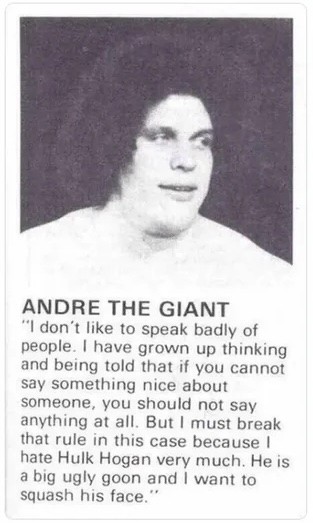ANDRE THE GIANT “I'don’t like to speak badly of people. I have grown up thinking and being told that if you cannot say something nice about someone, you should not say anything at all. But I must break that rule in this case because I hate Hulk Hogan very much. He is a big ugly goon and | want to squash his face.”