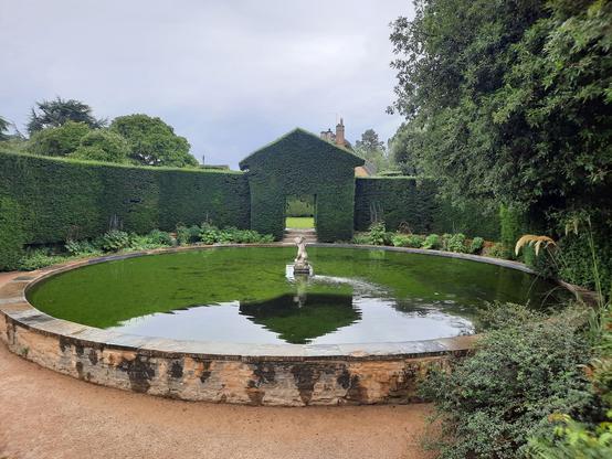 Circuleren garden pond surrounded by trimmed hedges