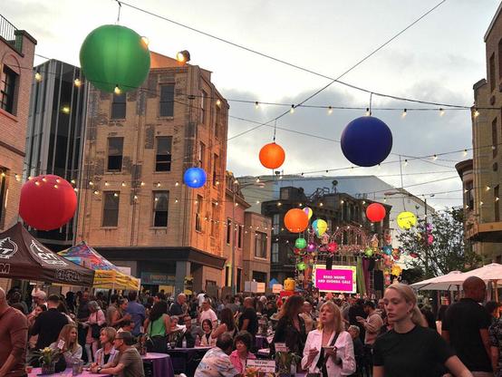The 'New York' set on the Paramount back lot, at dusk, with partygoers. Photographed by Elyse Glickman.