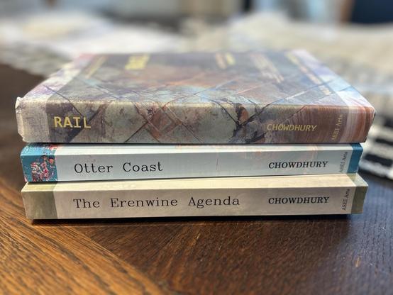 Three novels stacked on an old wooden table. The novel on the bottom is called The Erenwine Agenda. The novel in the middle is called Otter Coast. The novel on top, as of now unpublished, is called Rail. All three form a trilogy around the character of Amalia Sengupta Erenwine.