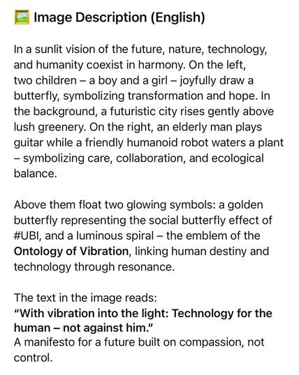 Image Description (English)
In a sunlit vision of the future, nature, technology, and humanity coexist in harmony. On the left, two children — a boy and a girl - joyfully draw a butterfly, symbolizing transformation and hope. In the background, a futuristic city rises gently above lush greenery. On the right, an elderly man plays guitar while a friendly humanoid robot waters a plant
- symbolizing care, collaboration, and ecological balance.
Above them float two glowing symbols: a golden butterfly representing the social butterfly effect of
#UBI, and a luminous spiral - the emblem of the Ontology of Vibration, linking human destiny and technology through resonance.
The text in the image reads:
"With vibration into the light: Technology for the human - not against him."
A manifesto for a future built on compassion, not control.🖖