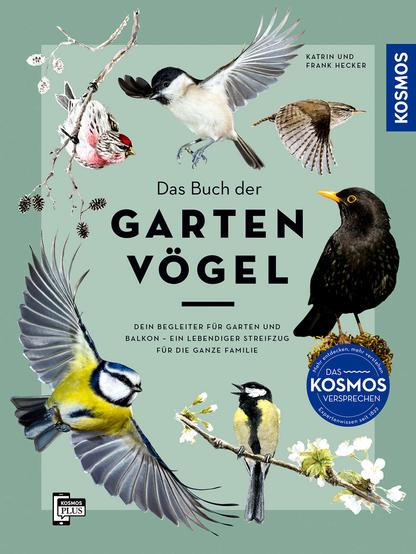 Buchcover „Das Buch der Gartenvögel“ mit Amsel und Blaumeise auf grünem Hintergrund. Foto Kosmos Verlag