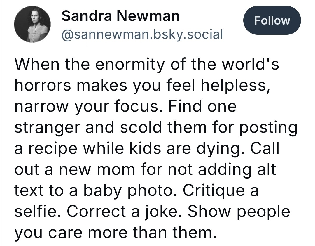 When the enormity of the world's horrors makes you feel helpless, narrow your focus. Find one stranger and scold them for posting a recipe while kids are dying. Call out a new mom for not adding alt text to a baby photo. Critique a selfie. Correct a joke. Show people you care more than them.