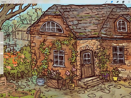 WIP digital drawing of a house with plants around it
