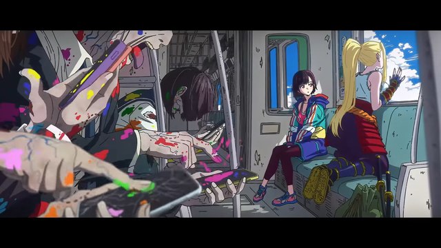 Subway cart; day time. To the left a hoard of zombies are frantically swiping on their smartphones. The the right two living humans are looking out the window enjoying the pretty sky with fluffy clouds.