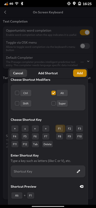 A screenshot of a phone running #phosh. The mobile settings app shows the dialog to add and remove keyboard shortcuts.