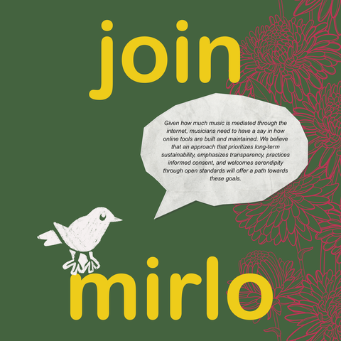 A graphic showing a bird talking about transparency and Mirlo's aims, which involves giving musicians a say in how it is built and maintained.