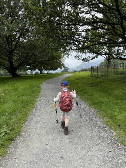 A child with a red backpack walks down a gravel path surrounded by green grass and trees. The path leads into a scenic landscape with distant hills under a cloudy sky. The child uses walking poles and is seen from behind.