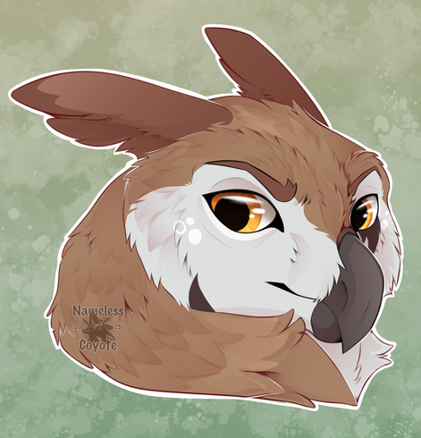 A headshot drawing of a owlbear oc