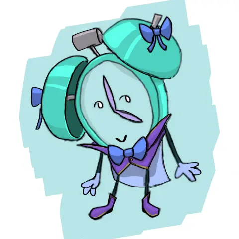 Timey wearing an outfit. Being a clock, I’m not quite sure how to describe it. It is purpke and has a pointy collar, it goes down with one button, and has a yellow color on the edges. They also have a blue bow tie, and a lighter blue cape. They have gloves matching their cape color and shoes matching the outfit. They have two more blue bows at the top of their clock bells.