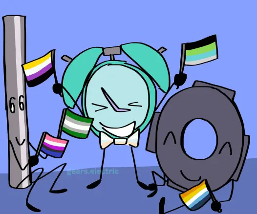 Metal Straw, Timey, and Gear with pride flags. Metal Straw sits on one side holding a grayromantic and gender-fluid flag. Timey stands excitedly in the middle with a non binary flag and quioromantic flag. They also have a bow tie with colors from the unlabeled flag. Gear sits happily on the other side with an aroace flag.