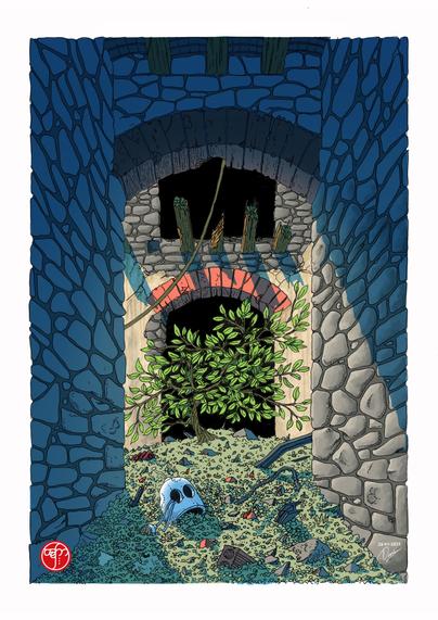 An illustration of a stone archway in a dilapidated setting. A large leafy plant grows amidst debris on the ground, while a robot skull lies partially buried in the scattered rubble. Shadows and contrasting colors create a mysterious atmosphere.