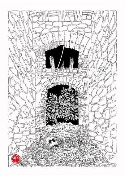 An ink black and white line illustration of a stone archway in a dilapidated setting. A large leafy plant grows amidst debris on the ground, while a robot skull lies partially buried in the scattered rubble.